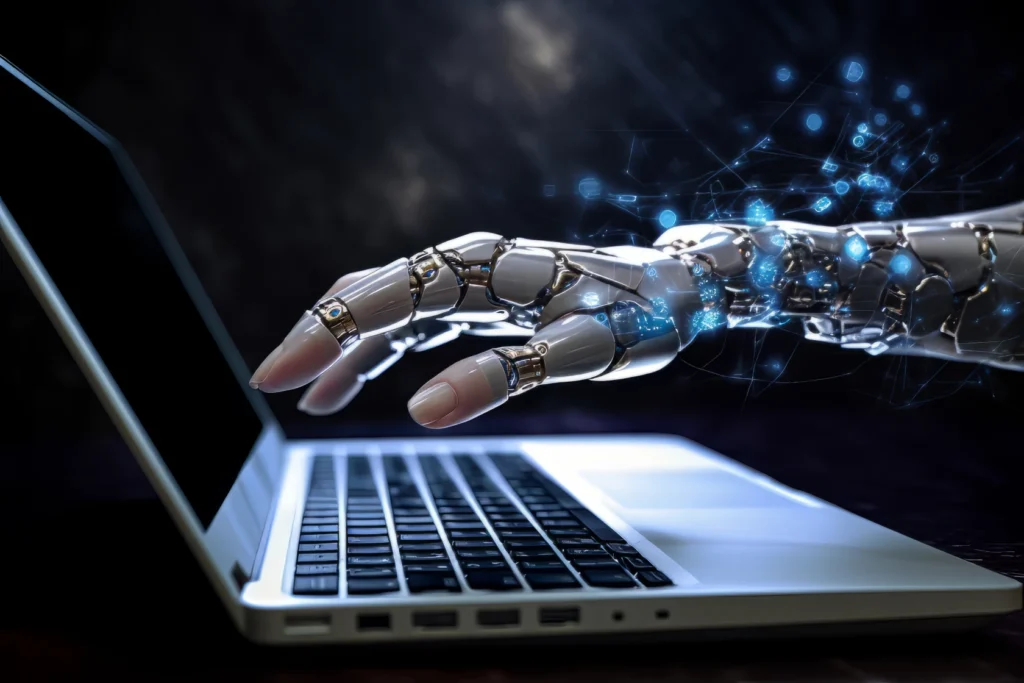 buy-ai-domain-name-futuristic-hand-on-laptop Robotic hand working on a laptop with glowing digital elements, representing the creation of an AI website and the importance to buy AI domain name, NextBigThing.ai, for future growth and branding